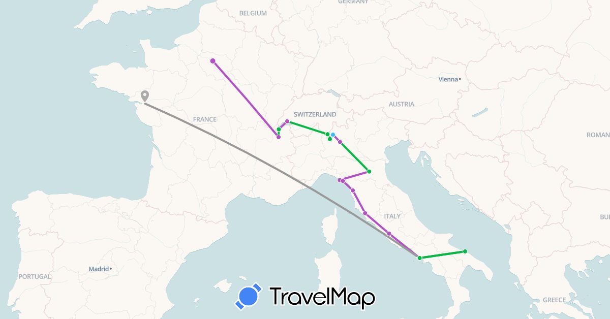 TravelMap itinerary: driving, bus, plane, train, boat in Switzerland, France, Italy (Europe)