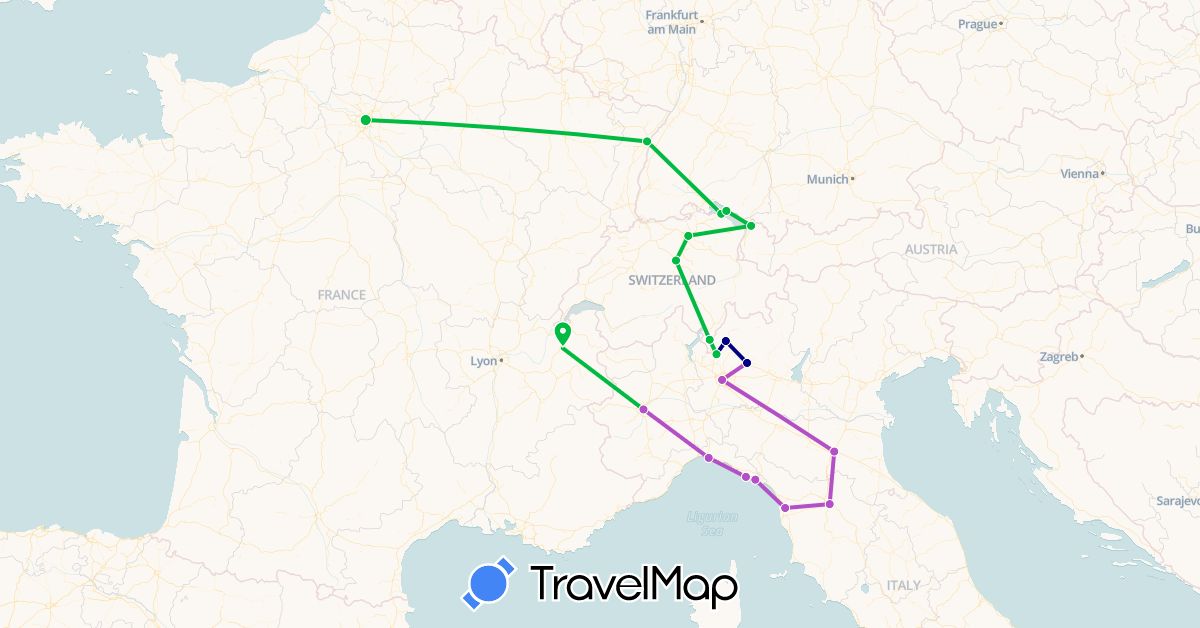 TravelMap itinerary: driving, bus, train in Austria, Switzerland, Germany, France, Italy (Europe)